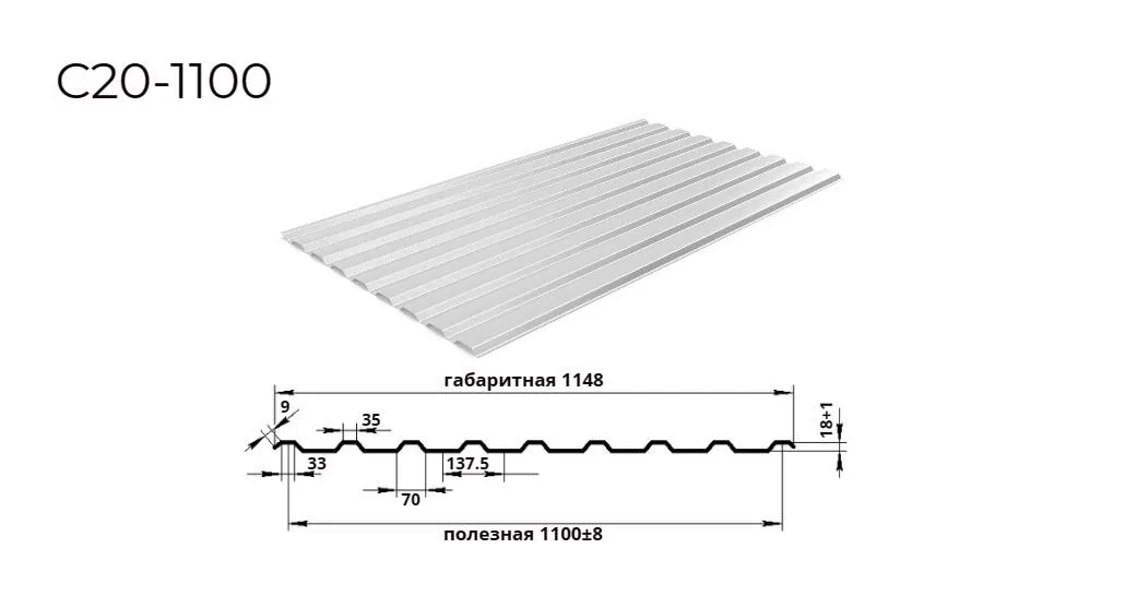 профнастил С20 0,55 мм ширина 1100 мм оцинкованный 