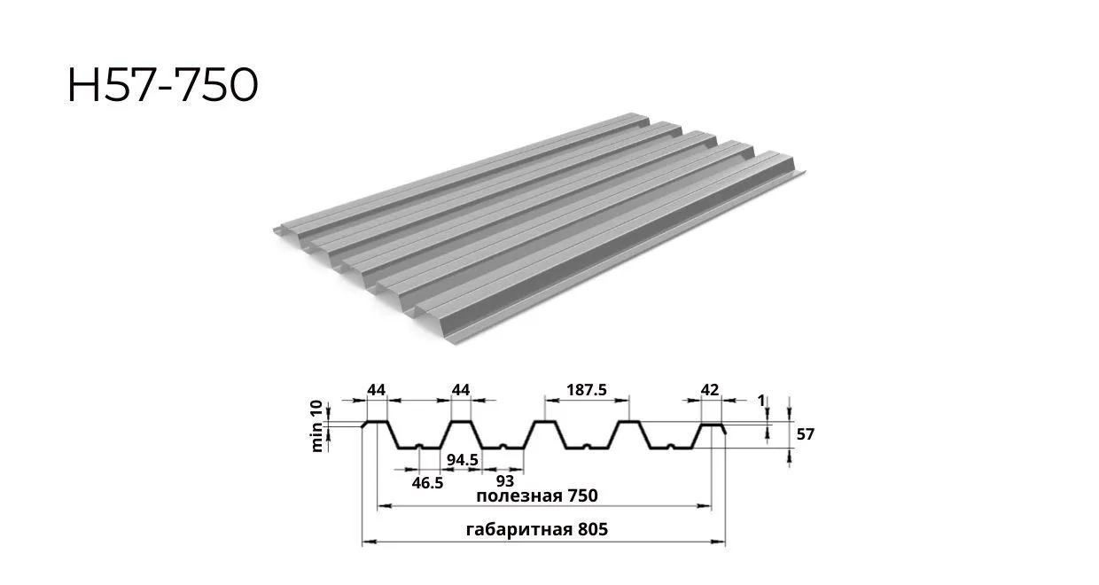 профнастил Н57 0,6 мм ширина 750 мм оцинкованный 